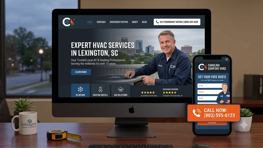 Responsive desktop and mobile website design mockup for a local HVAC and home services contractor in Lexington SC featuring a prominent call-to-action button.